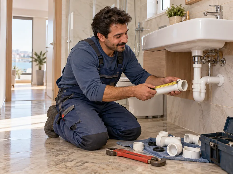 Lavabo tesisatı için boru ölçen tesisatçı; temsili görsel